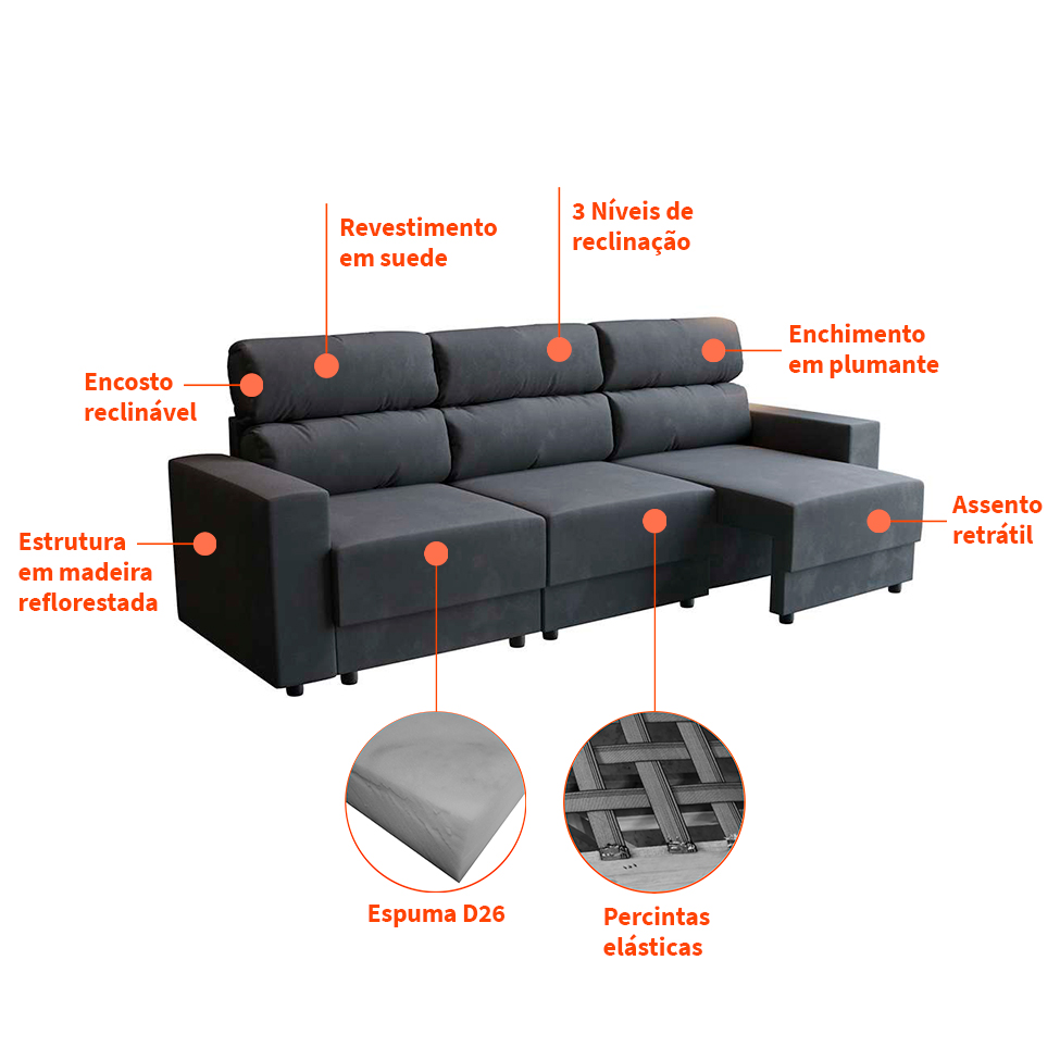 Sofá 3 Lugares Retrátil e Reclinável Videira Suede Grafite 210 cm