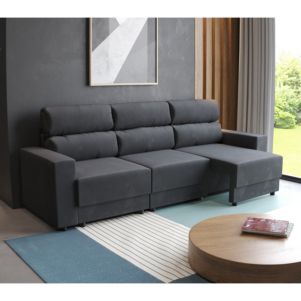 Sofá 3 Lugares Retrátil e Reclinável Videira Suede Grafite 210 cm