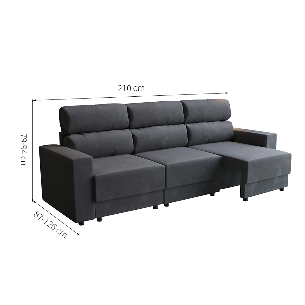 Sofá 3 Lugares Retrátil e Reclinável Videira Suede Grafite 210 cm
