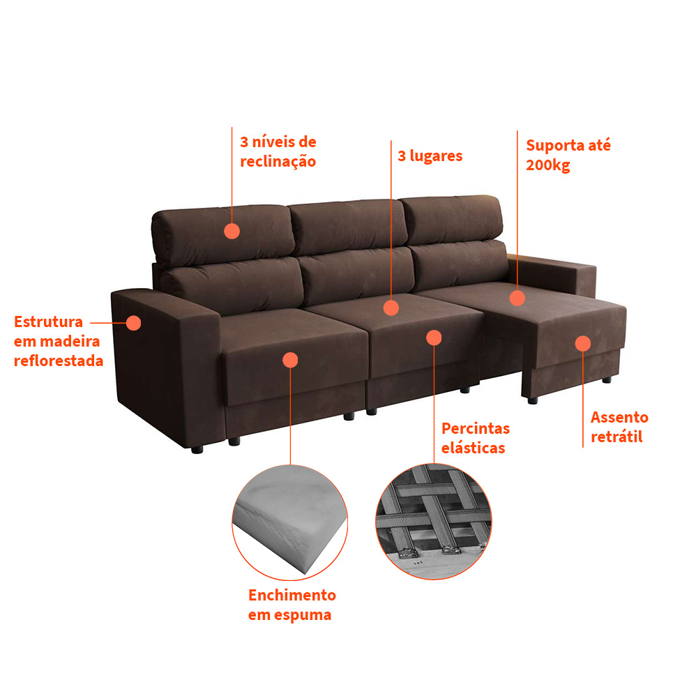 Sofá 3 Lugares Retrátil e Reclinável Videira Suede Marrom 210 cm