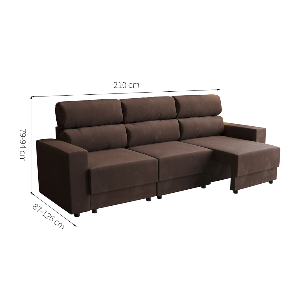 Sofá 3 Lugares Retrátil e Reclinável Videira Suede Marrom 210 cm