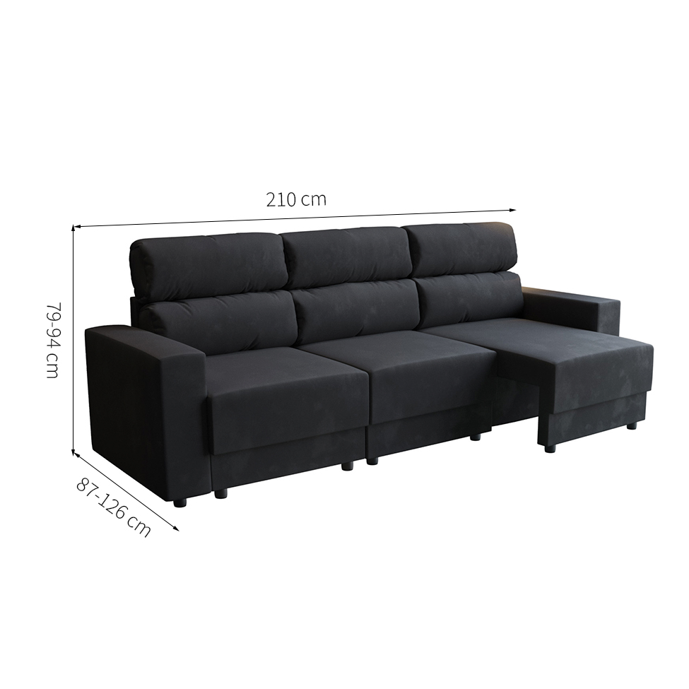 Sofá 3 Lugares Retrátil e Reclinável Videira Suede Preto 210 cm
