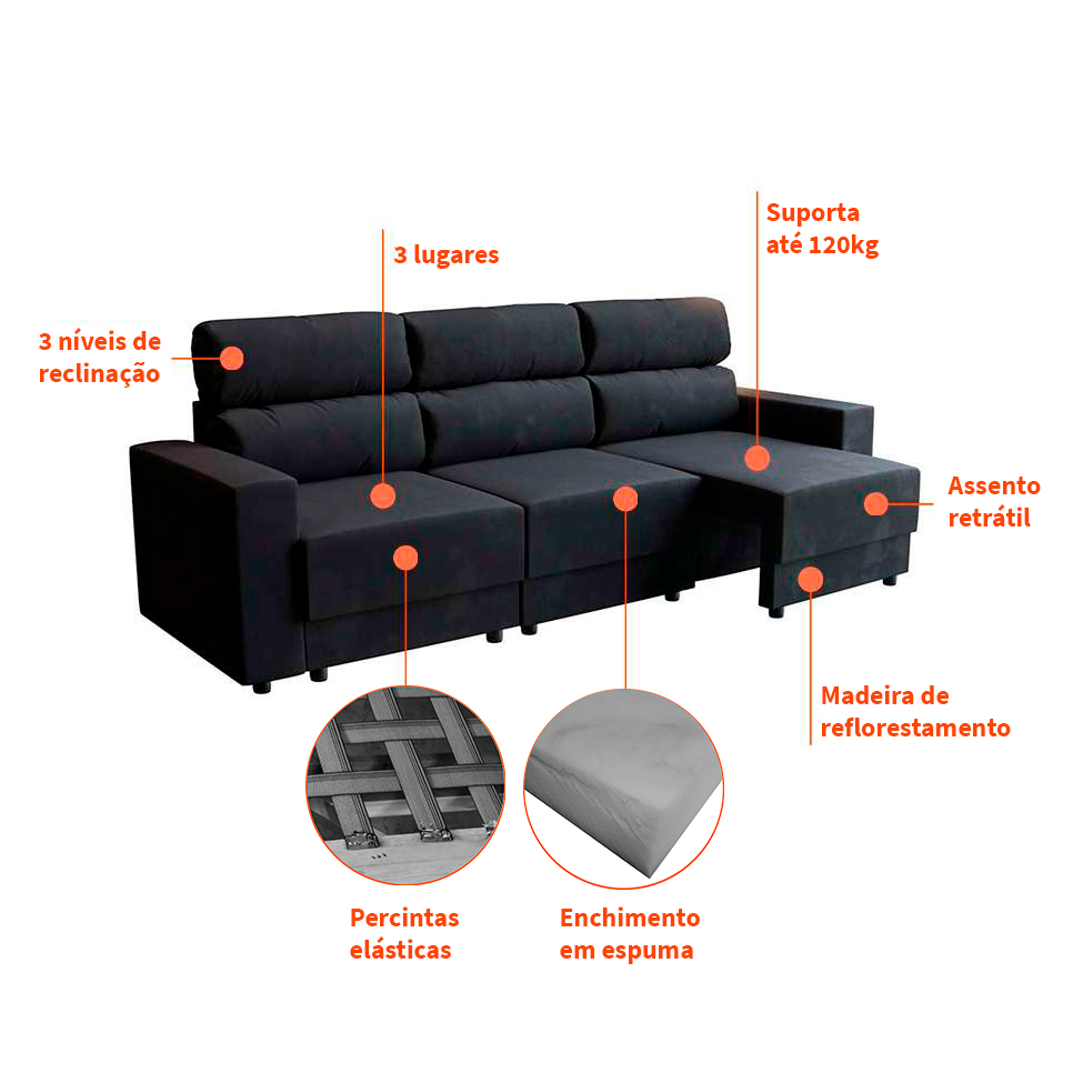 Sofá 3 Lugares Retrátil e Reclinável Videira Suede Preto 210 cm
