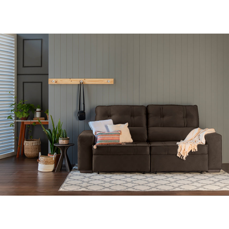 Sofá 3 Lugares Retrátil e Reclinável com Baú Lottus Suede Café