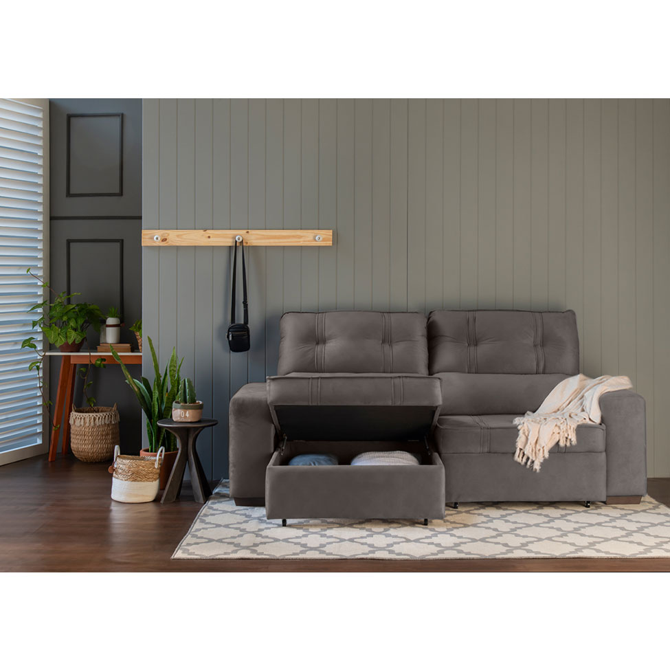 Sofá 3 Lugares Retrátil e Reclinável com Baú Lottus Suede Castanho