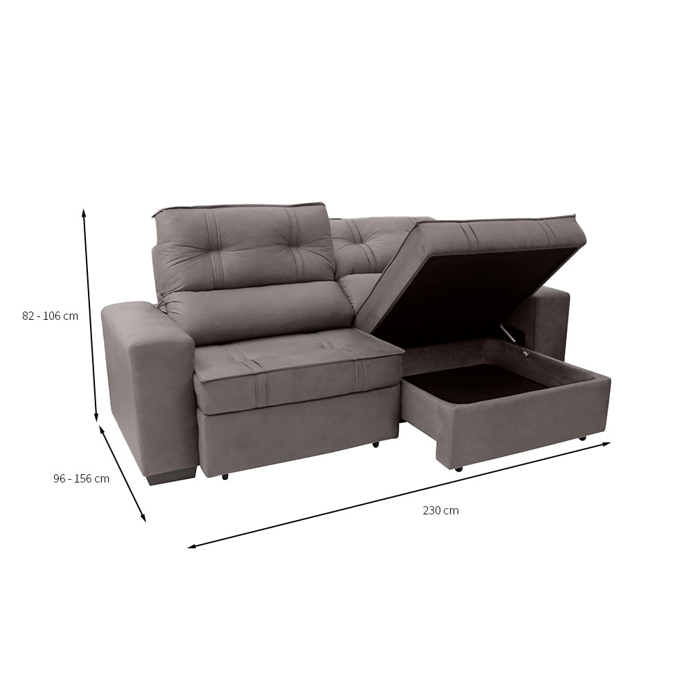 Sofá 3 Lugares Retrátil e Reclinável com Baú Lottus Suede Castanho