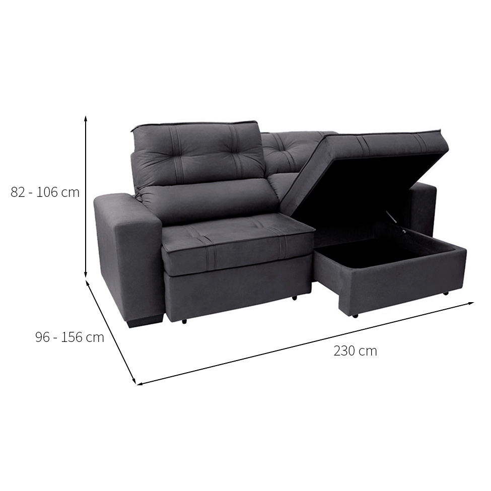 Sofá 3 Lugares Retrátil e Reclinável com Baú Lottus Suede Grafite