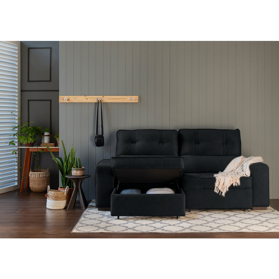 Sofá 3 Lugares Retrátil e Reclinável com Baú Lottus Suede Preto