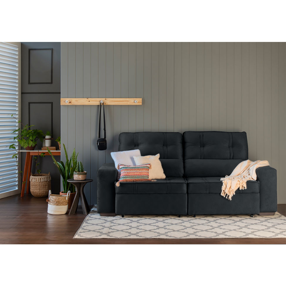 Sofá 3 Lugares Retrátil e Reclinável com Baú Lottus Suede Preto