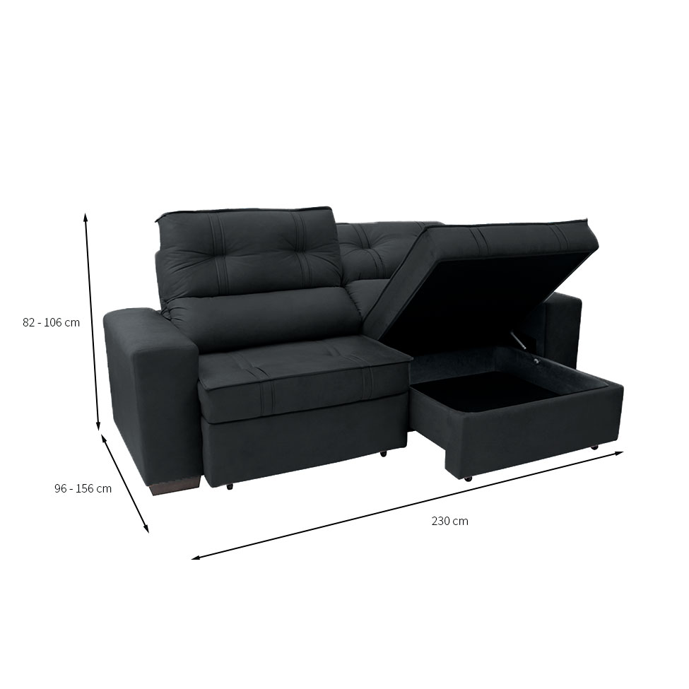 Sofá 3 Lugares Retrátil e Reclinável com Baú Lottus Suede Preto