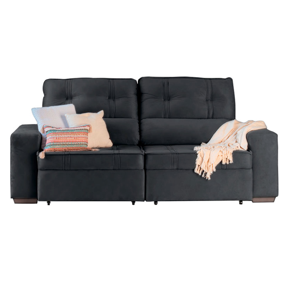 Sofá 3 Lugares Retrátil e Reclinável com Baú Lottus Suede Preto