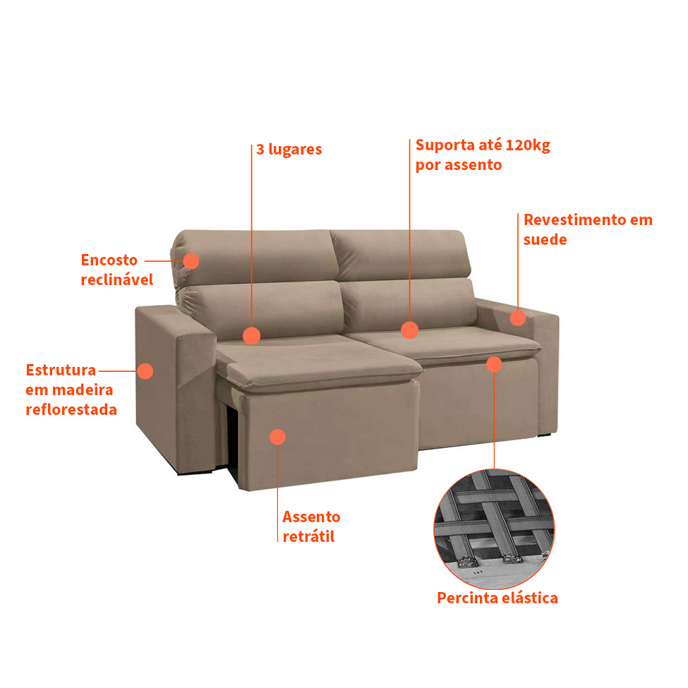 Sofá 3 Lugares Retrátil e Reclinavél Hanôver Suede Bege 180 cm
