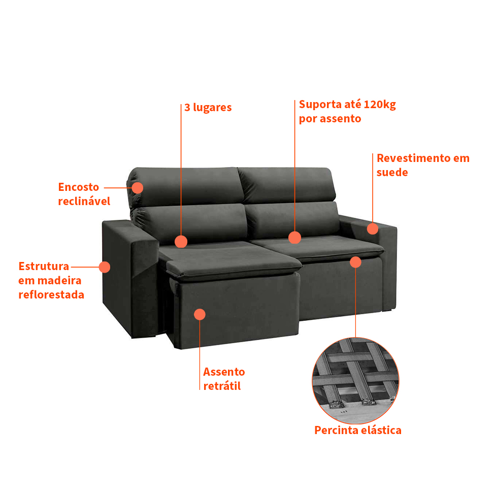 Sofá 3 Lugares Retrátil e Reclinavél Hanôver Suede Grafite 180 cm