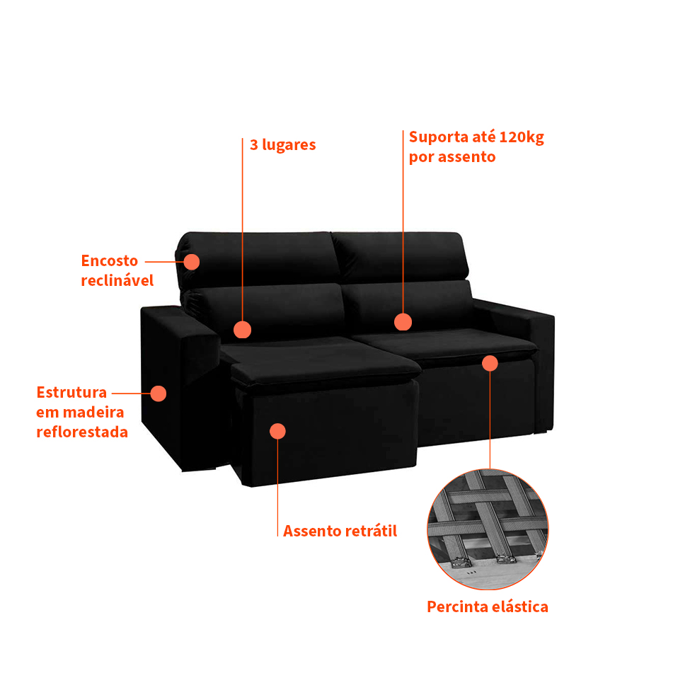 Sofá 3 Lugares Retrátil e Reclinavél Hanôver Suede Preto 180 cm