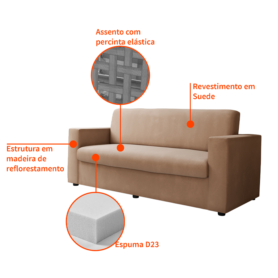 Sofá 3 Lugares Zoy Suede Bege