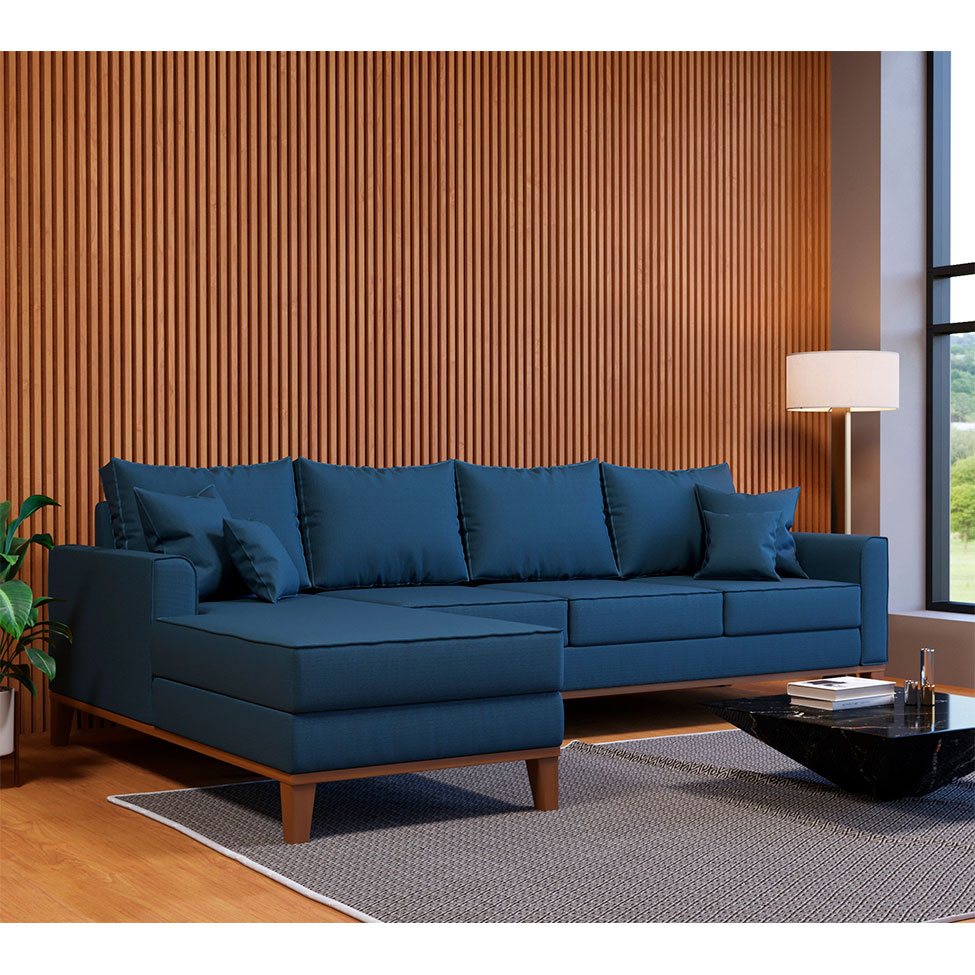 Sofá 4 Lugares Beny Com Chaise Esquerdo Linho Azul Marinho