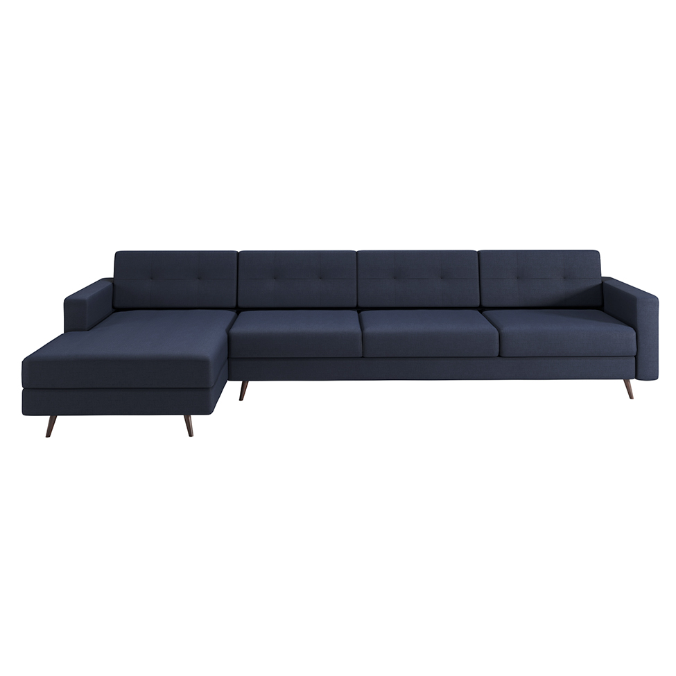 Sofá 4 Lugares Living com Chaise Esquerdo Pé Palito Linho Cotton Azul Marinho