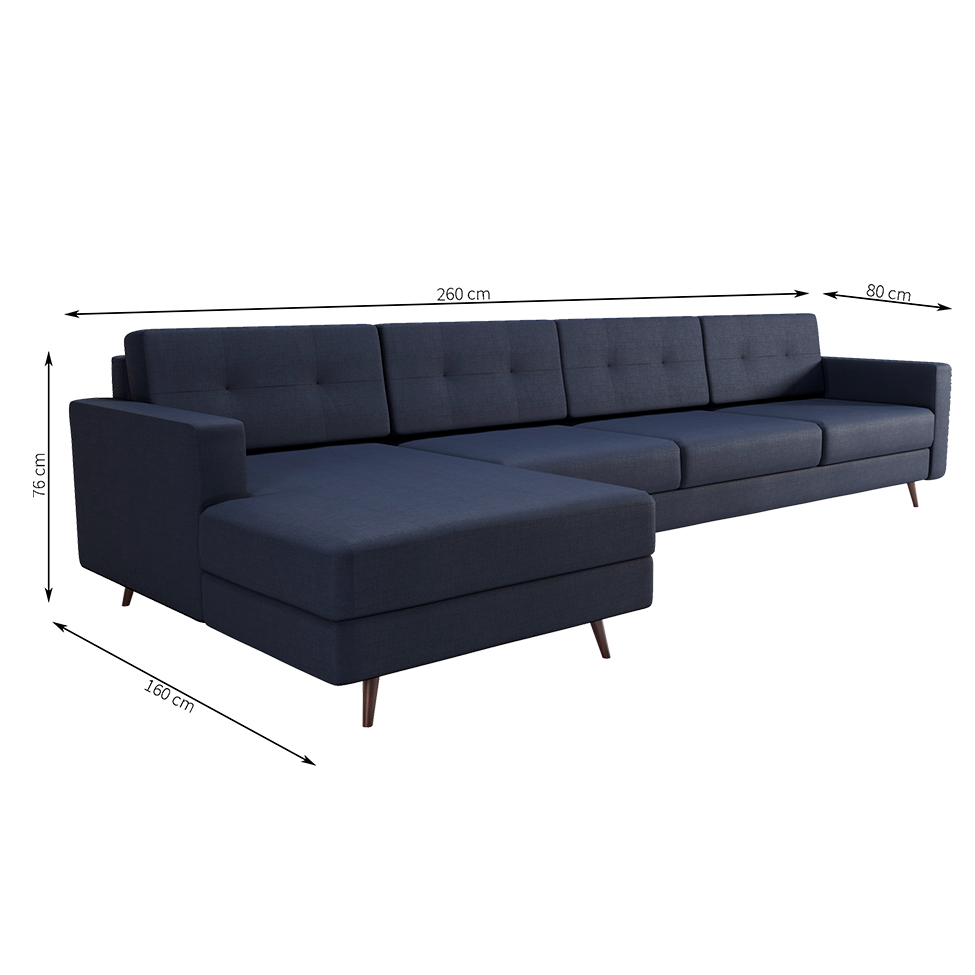 Sofá 4 Lugares Living com Chaise Esquerdo Pé Palito Linho Cotton Azul Marinho