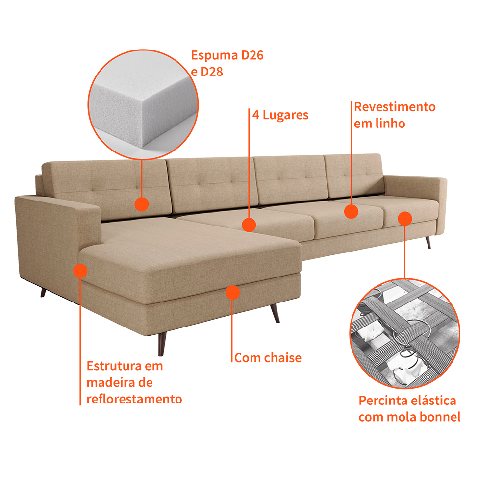 Sofá 4 Lugares Living com Chaise Esquerdo Pé Palito Linho Cotton Bege