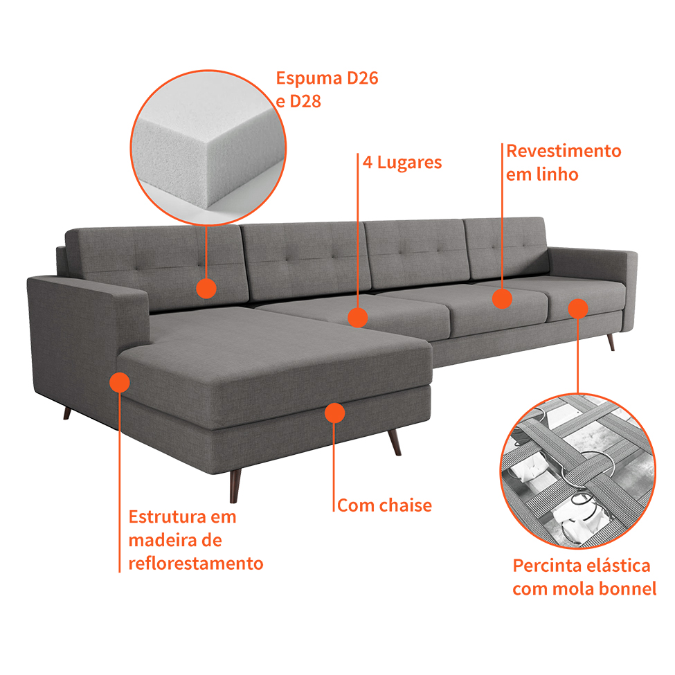Sofá 4 Lugares Living com Chaise Esquerdo Pé Palito Linho Cotton Cinza