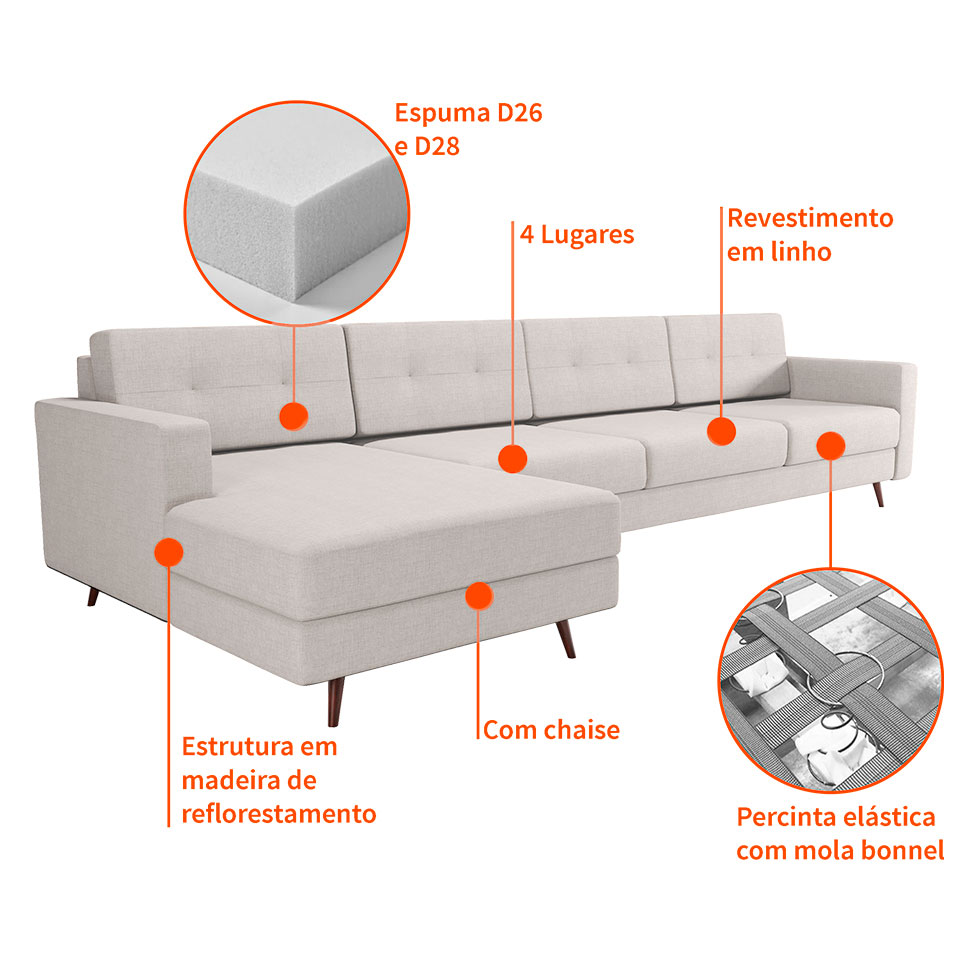 Sofá 4 Lugares Living com Chaise Esquerdo Pé Palito Linho Cotton Cru