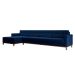 Sofá 4 Lugares Living com Chaise Esquerdo Pés e Base em Madeira Linho Cotton Azul Marinho