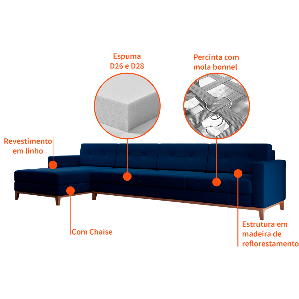 Sofá 4 Lugares Living com Chaise Esquerdo Pés e Base em Madeira Linho Cotton Azul Marinho