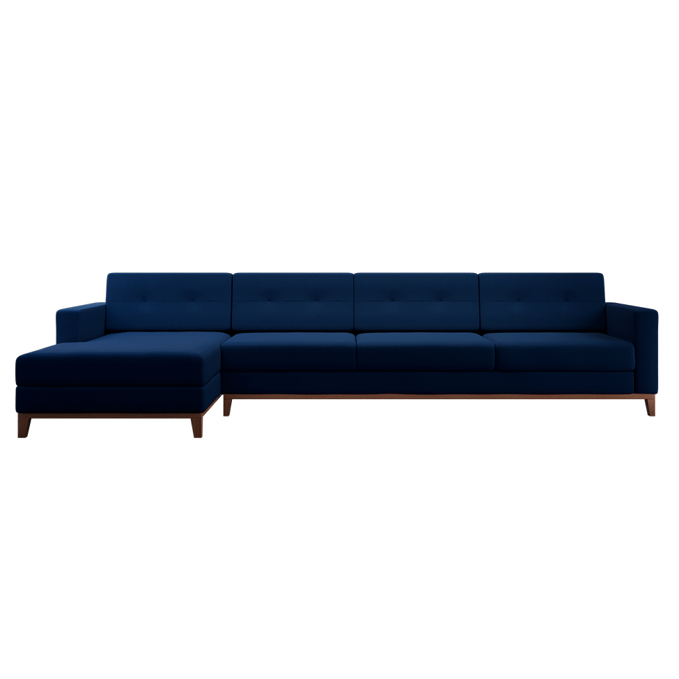 Sofá 4 Lugares Living com Chaise Esquerdo Pés e Base em Madeira Linho Cotton Azul Marinho