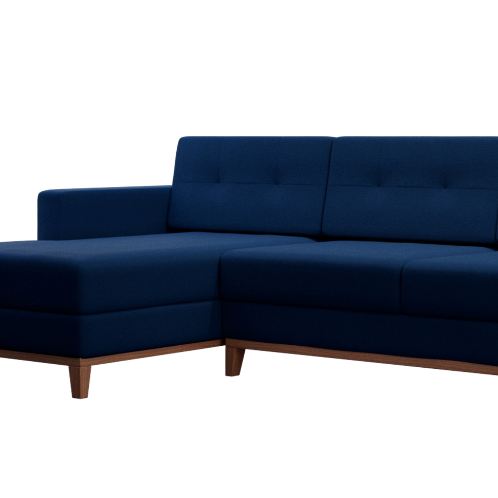 Sofá 4 Lugares Living com Chaise Esquerdo Pés e Base em Madeira Linho Cotton Azul Marinho