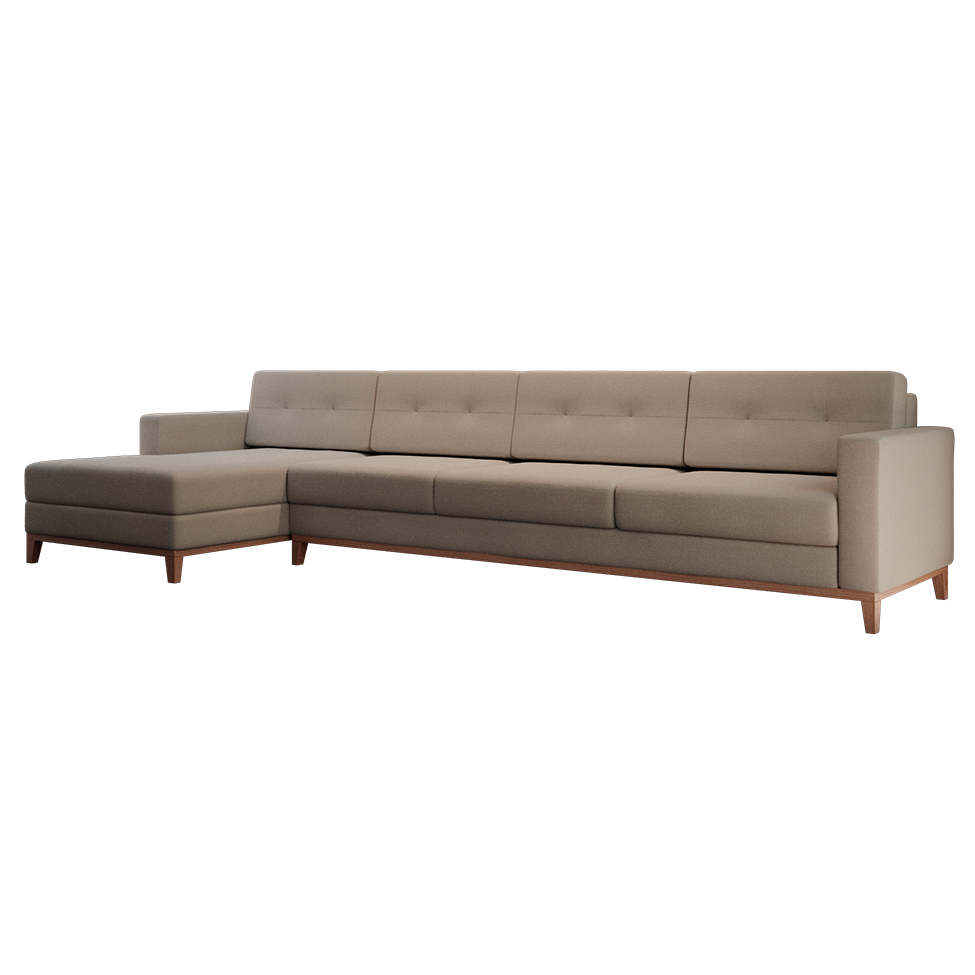 Sofá 4 Lugares Living com Chaise Esquerdo Pés e Base em Madeira Linho Cotton Bege