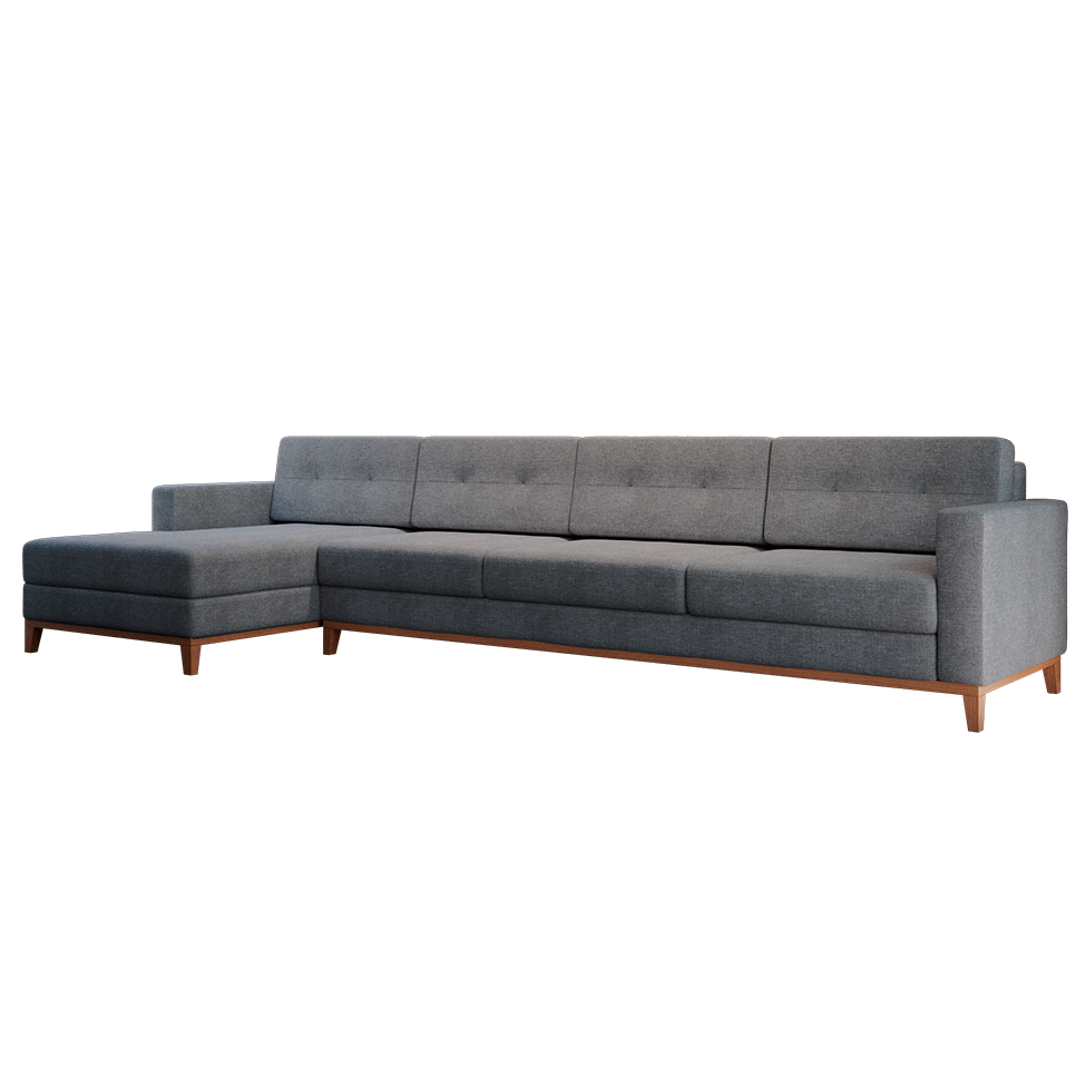 Sofá 4 Lugares Living com Chaise Esquerdo Pés e Base em Madeira Linho Cotton Cinza