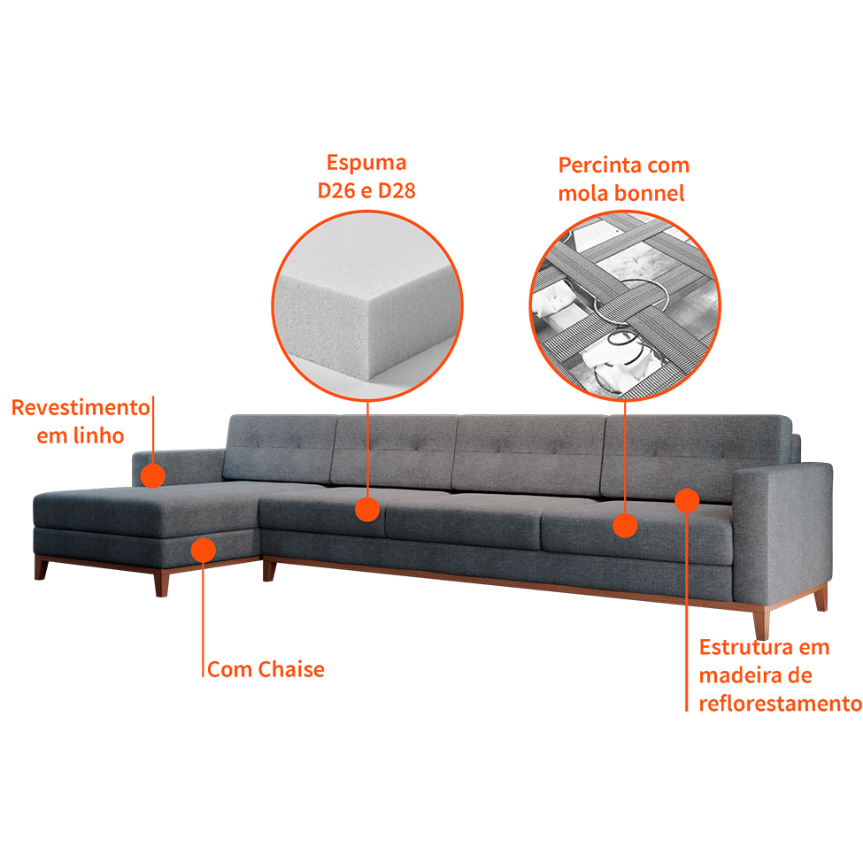 Sofá 4 Lugares Living com Chaise Esquerdo Pés e Base em Madeira Linho Cotton Cinza