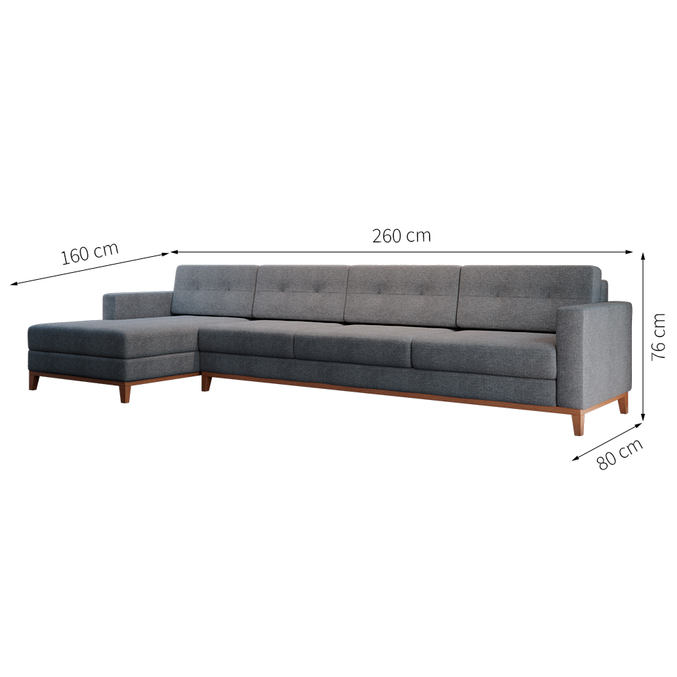 Sofá 4 Lugares Living com Chaise Esquerdo Pés e Base em Madeira Linho Cotton Cinza