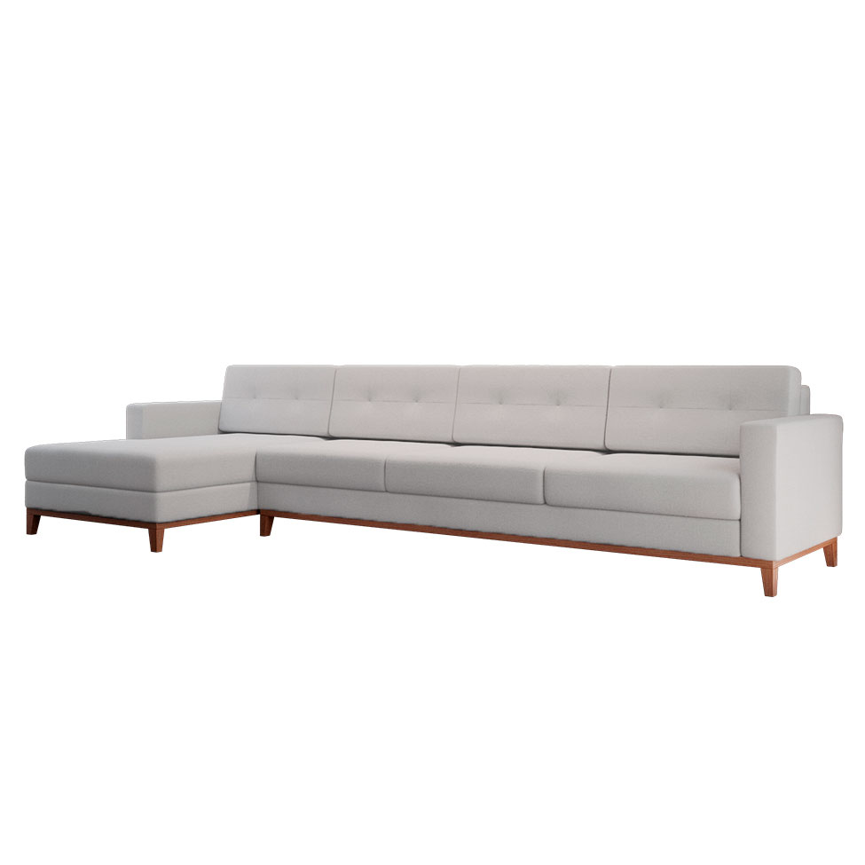 Sofá 4 Lugares Living com Chaise Esquerdo Pés e Base em Madeira Linho Cotton Cru