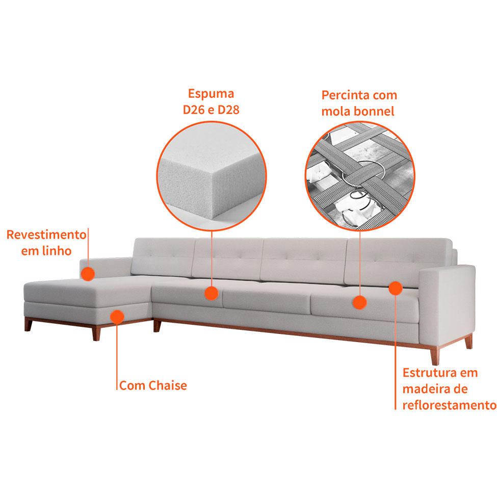 Sofá 4 Lugares Living com Chaise Esquerdo Pés e Base em Madeira Linho Cotton Cru