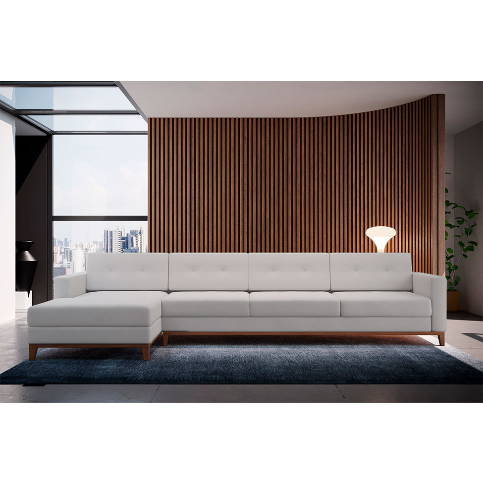Sofá 4 Lugares Living com Chaise Esquerdo Pés e Base em Madeira Linho Cotton Cru