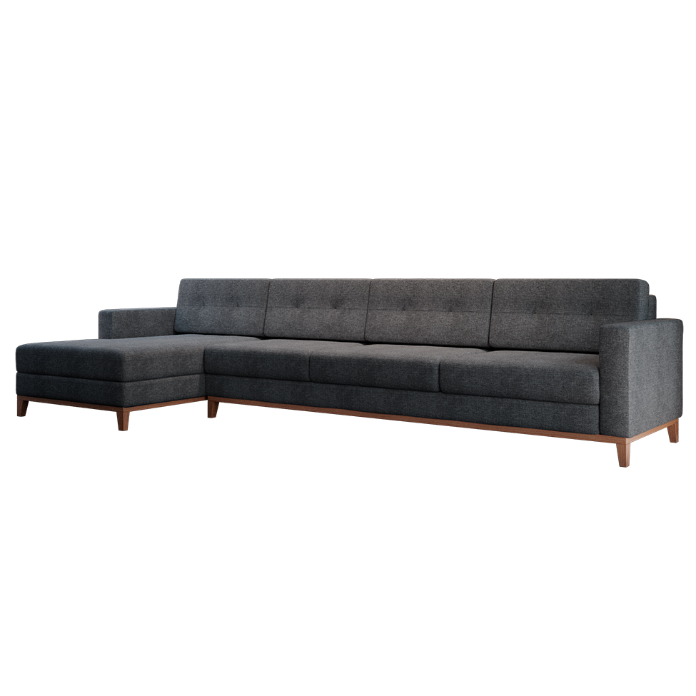 Sofá 4 Lugares Living com Chaise Esquerdo Pés e Base em Madeira Linho Cotton Grafite