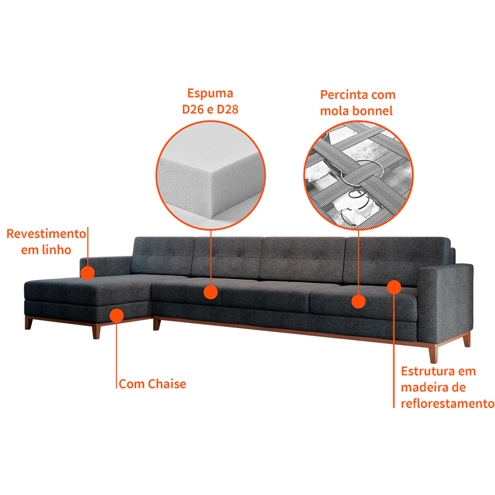 Sofá 4 Lugares Living com Chaise Esquerdo Pés e Base em Madeira Linho Cotton Grafite