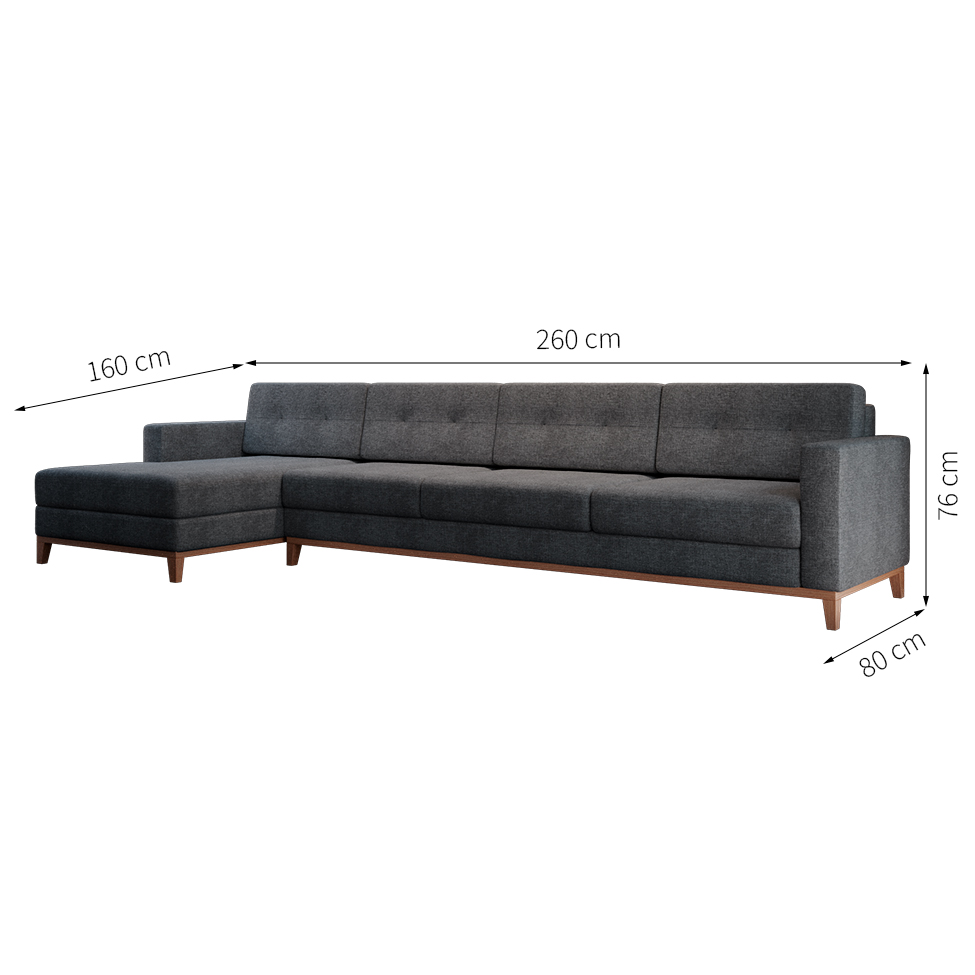 Sofá 4 Lugares Living com Chaise Esquerdo Pés e Base em Madeira Linho Cotton Grafite