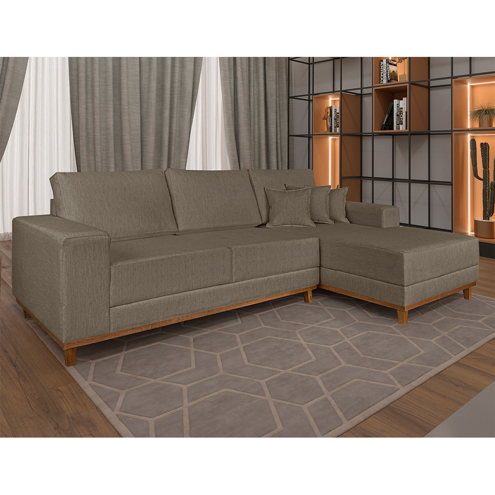 Sofá 4 Lugares Mônaco Com Chaise Direito Linho Marrom Claro