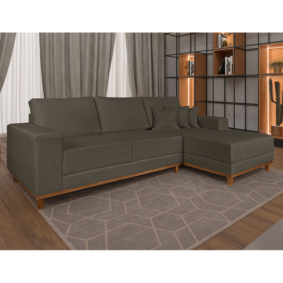 Sofá 4 Lugares Mônaco Com Chaise Direito Linho Marrom Escuro
