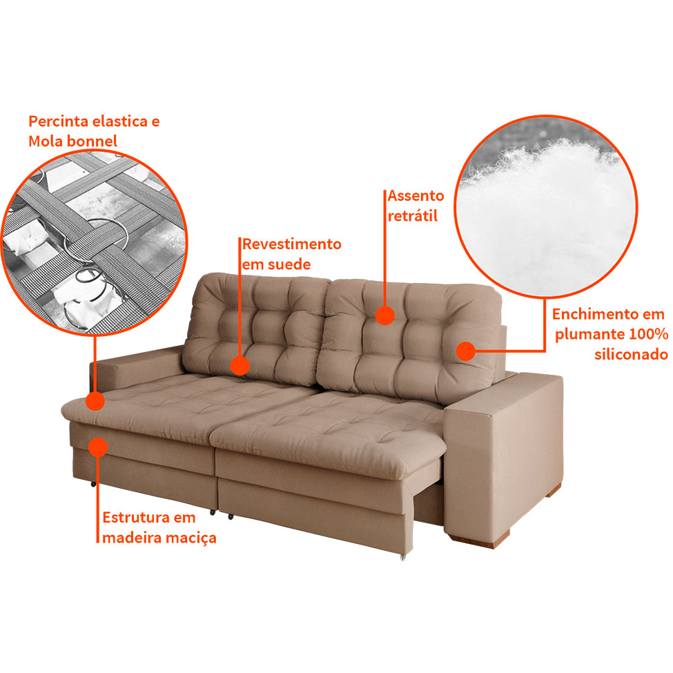 Sofá 4 Lugares Retrátil Lubeck Plush Suede Bege 250 cm