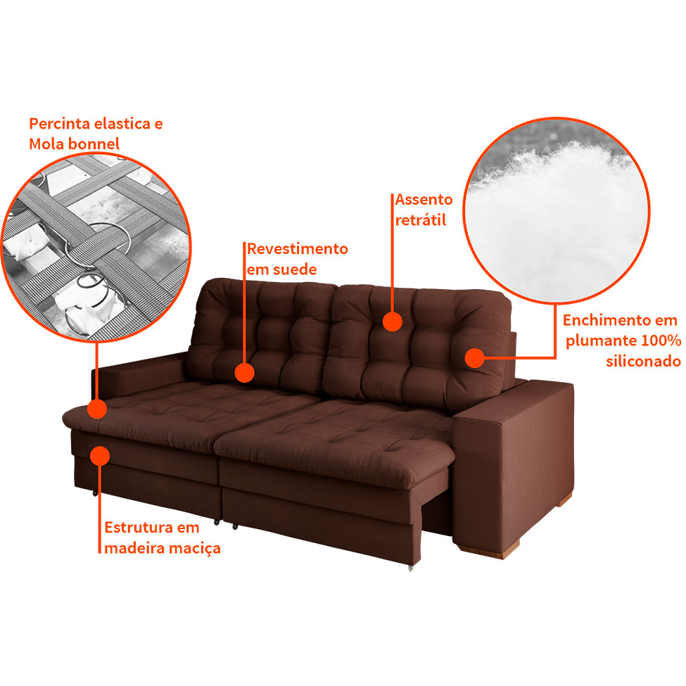 Sofá 4 Lugares Retrátil Lubeck Plush Suede Marrom 250 cm