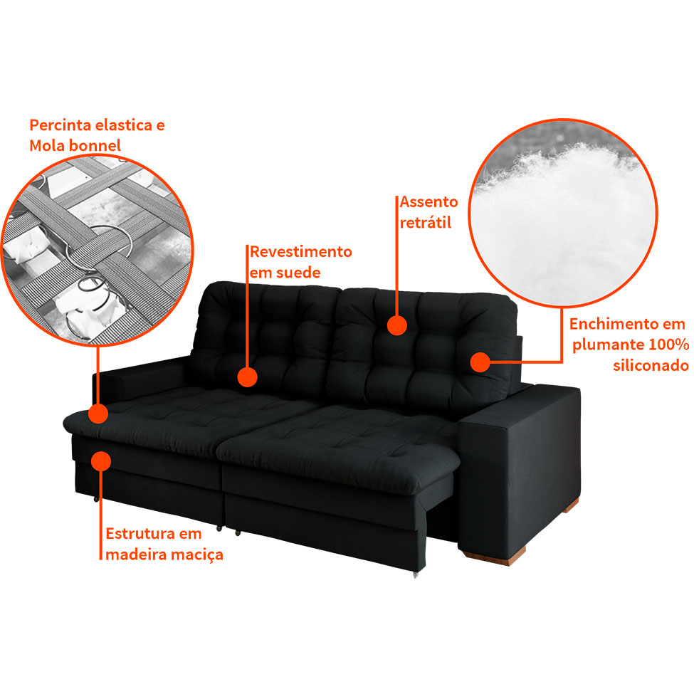 Sofá 4 Lugares Retrátil Lubeck Plush Suede Preto 250 cm
