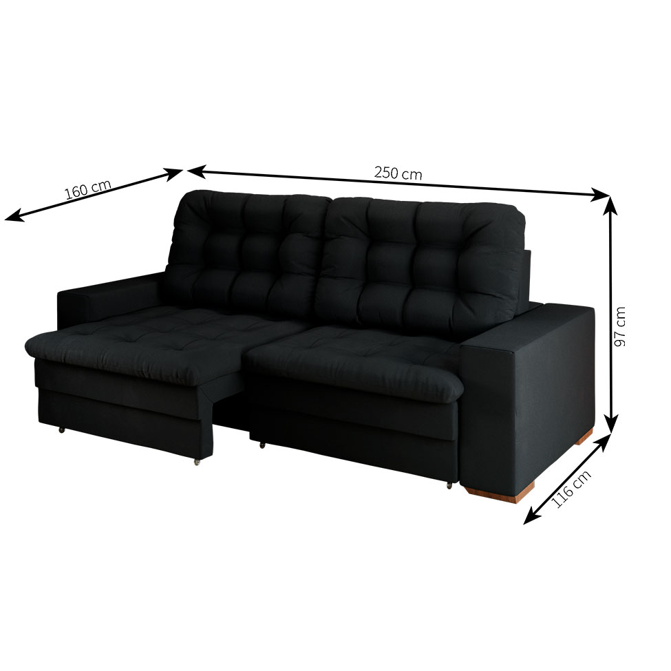 Sofá 4 Lugares Retrátil Lubeck Plush Suede Preto 250 cm