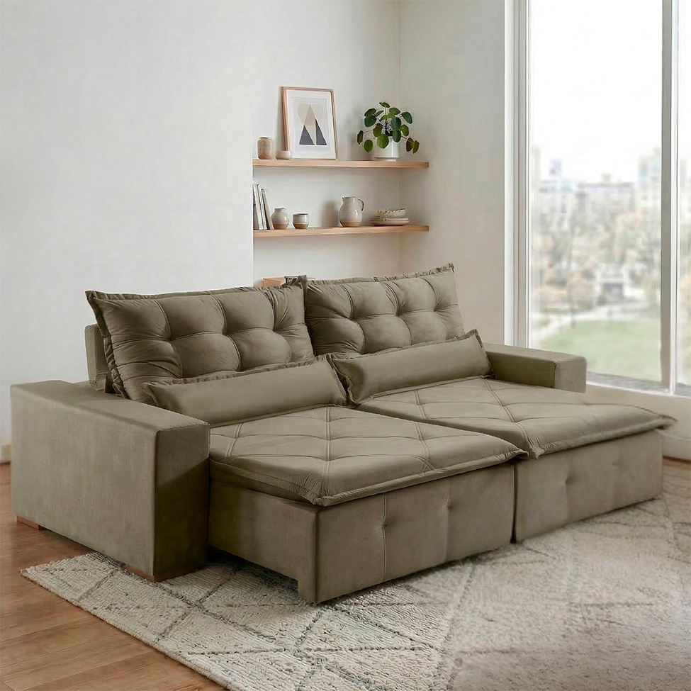 Sofá 4 Lugares Retrátil e Reclinável França Suede Bege