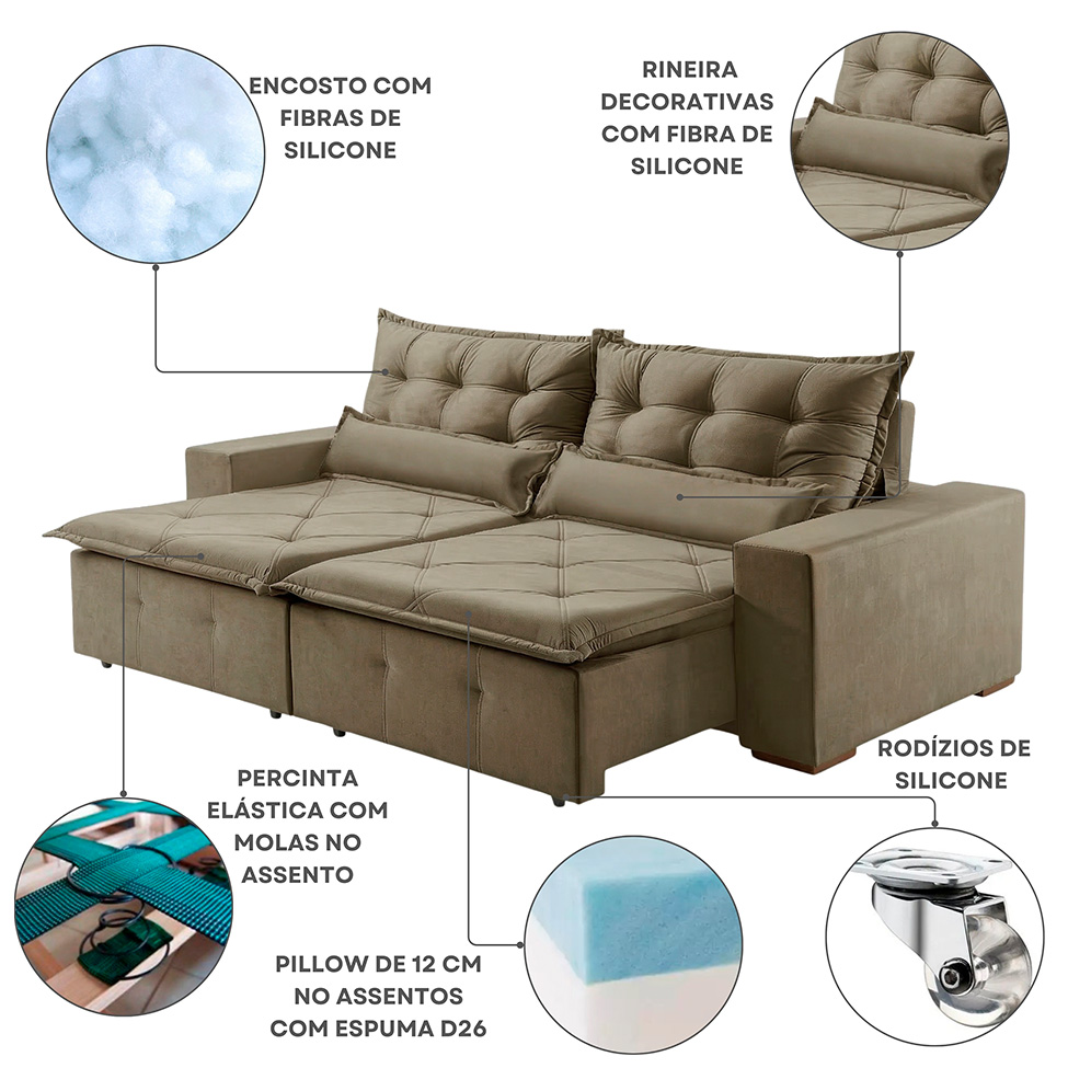Sofá 4 Lugares Retrátil e Reclinável França Suede Bege