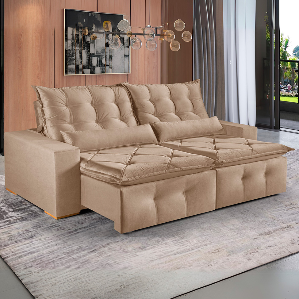 Sofá 4 Lugares Retrátil e Reclinável França Suede Bege