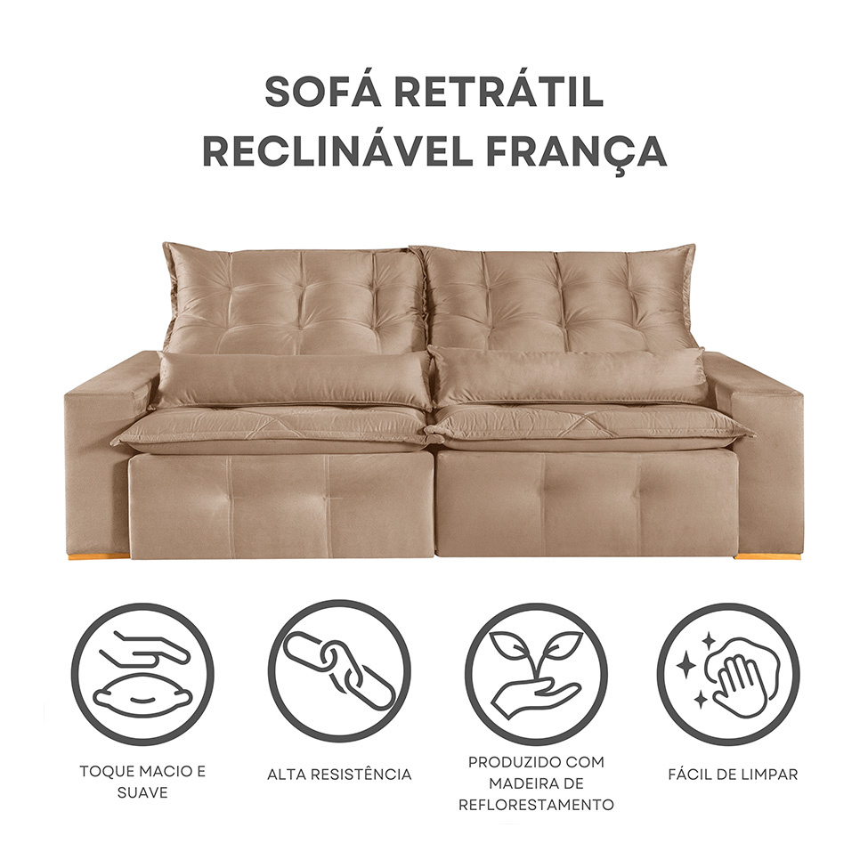Sofá 4 Lugares Retrátil e Reclinável França Suede Bege