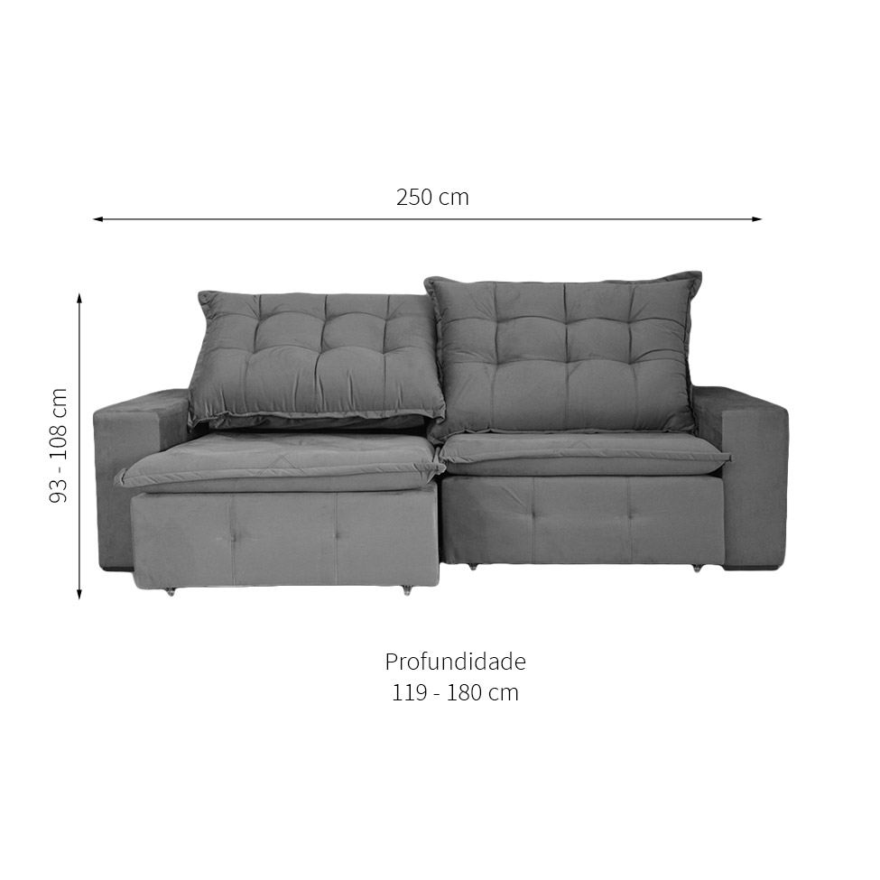 Sofá 4 Lugares Retrátil e Reclinável França Suede Cinza